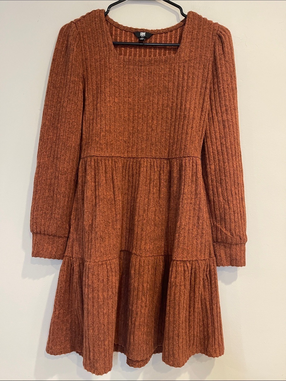 NWOT Frye Rust Orange Ribbed Square-Neck Tiered Knit Dress SIZE XS